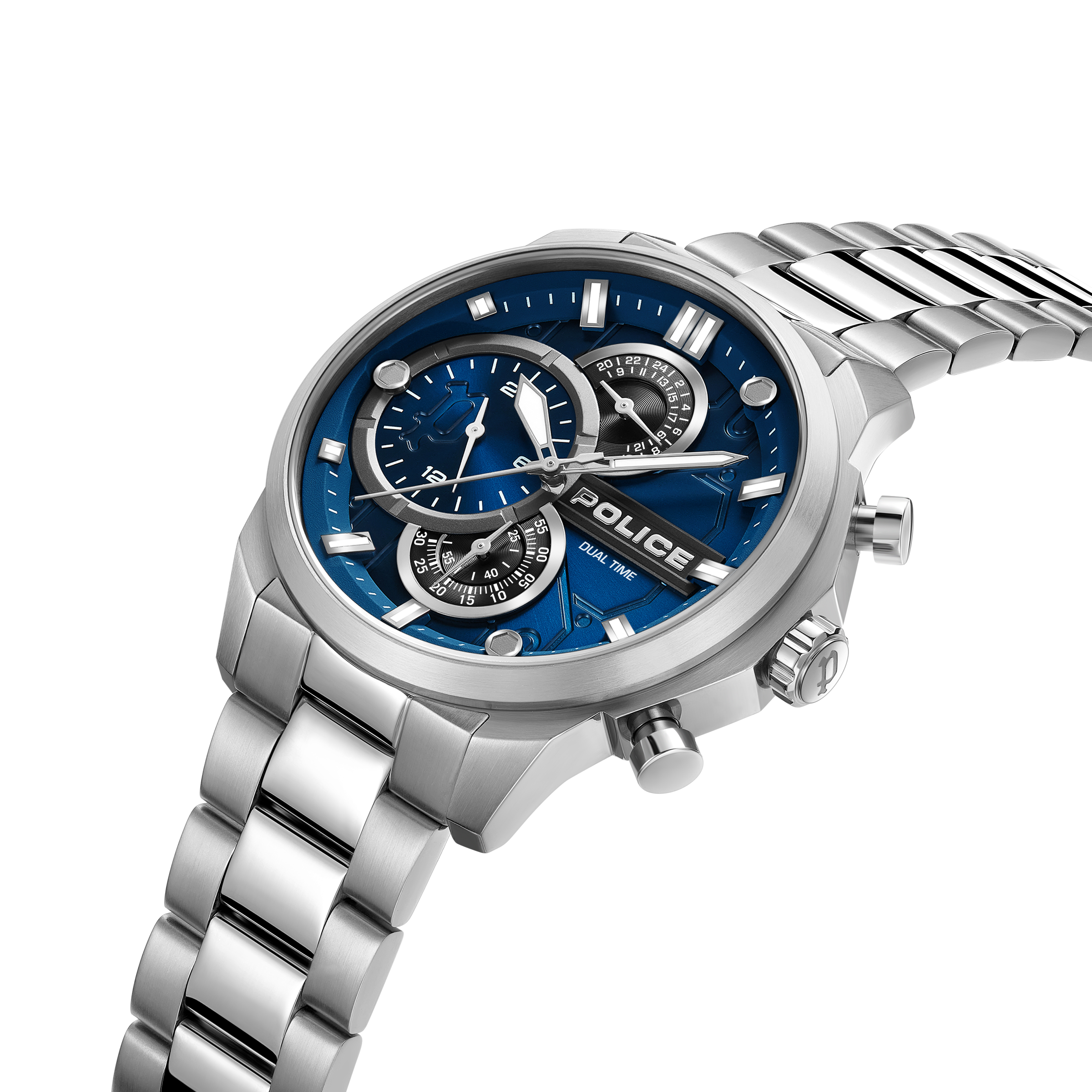 Police Men’s Dual Time Blue Dial Stainless Steel Bracelet Watch