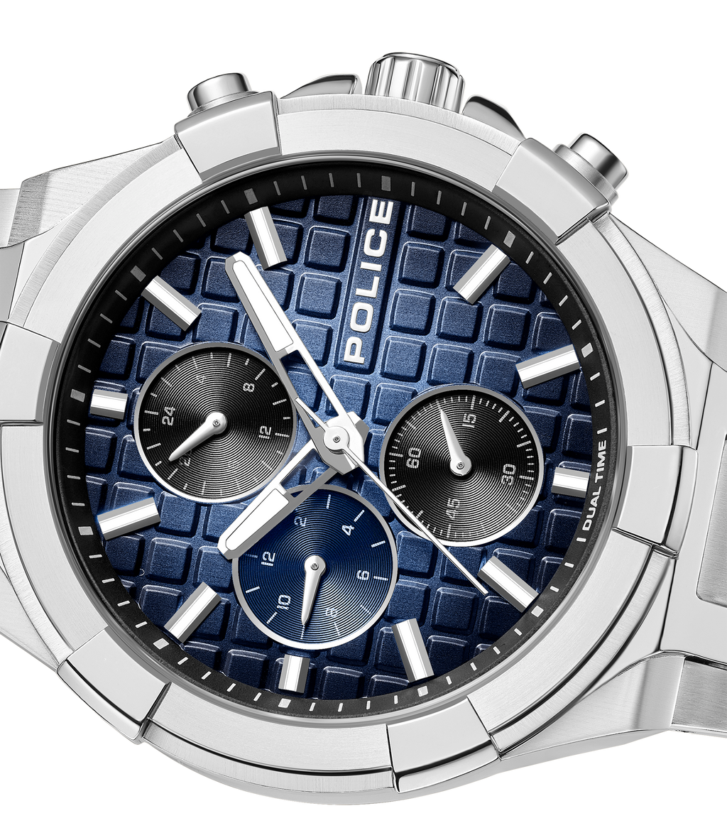 Police Stainless Steel Chronograph Watch Black to Blue Dial Steel Bracelet