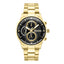 Gold-toned Police chronograph watch with a black textured dial, three sub-dials, and a gold-toned metal link bracelet.