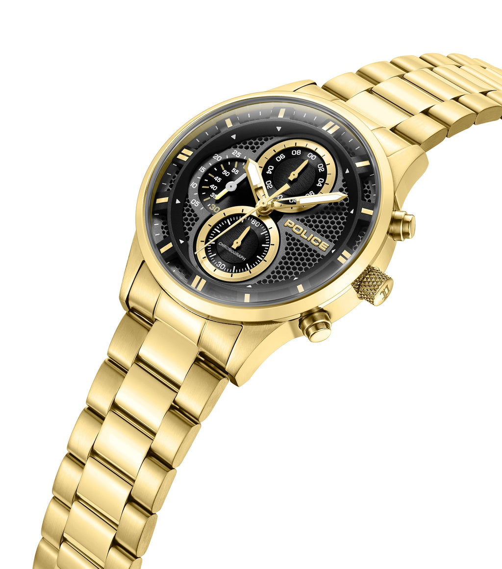 Gold-toned watch with a black honeycomb dial, three sub-dials, gold-toned hands, and a gold-toned metal link bracelet.