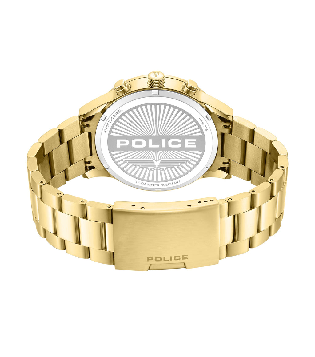 Gold-toned watch with a metal bracelet. The watch case back is silver-toned with a "POLICE" logo. The clasp is also engraved