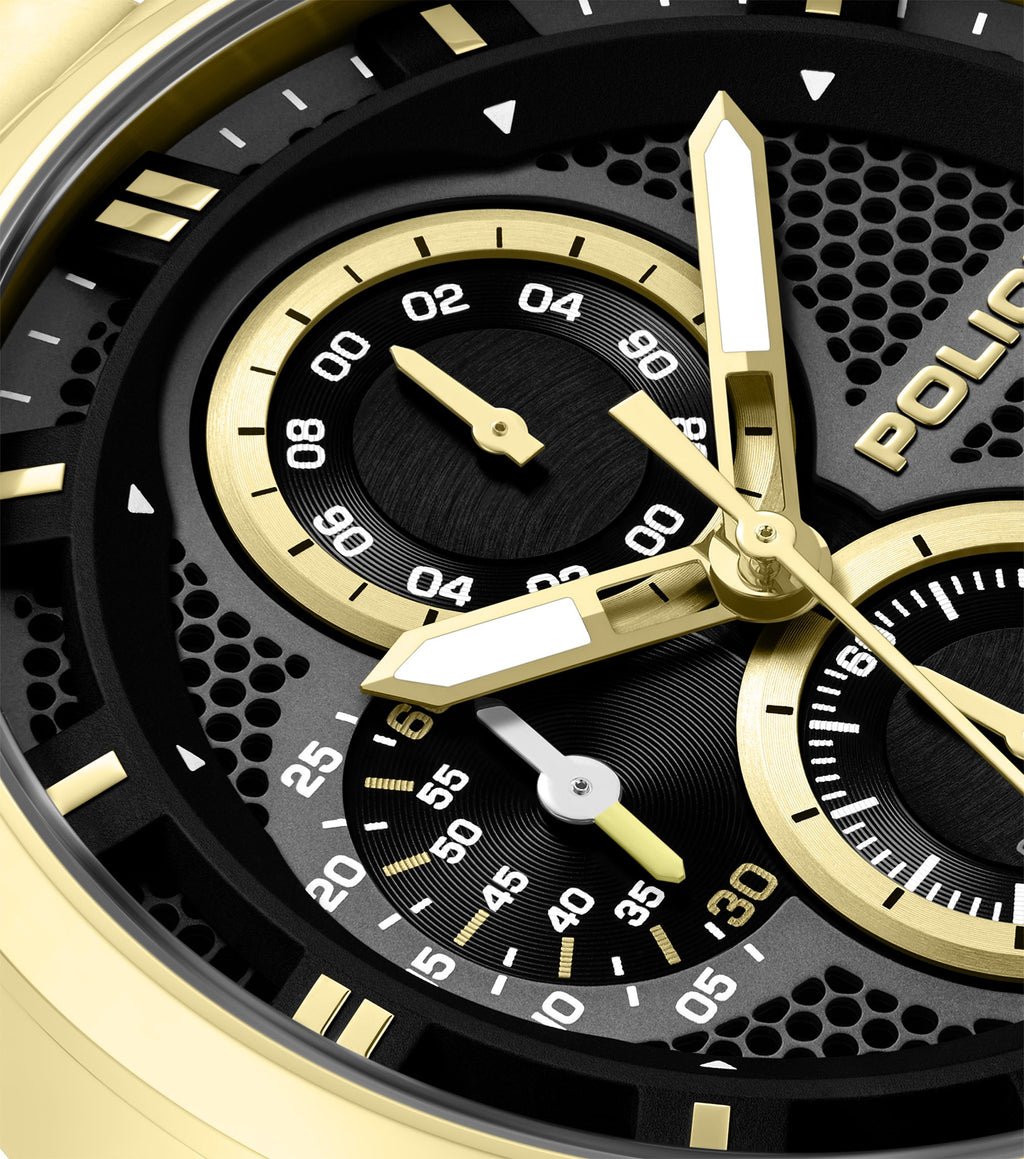 Gold-toned watch with a black textured dial, three sub-dials with gold-toned rings, gold-toned hands with white inserts, and