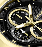 Gold-toned watch with a black textured dial, three sub-dials with gold-toned rings, gold-toned hands with white inserts, and