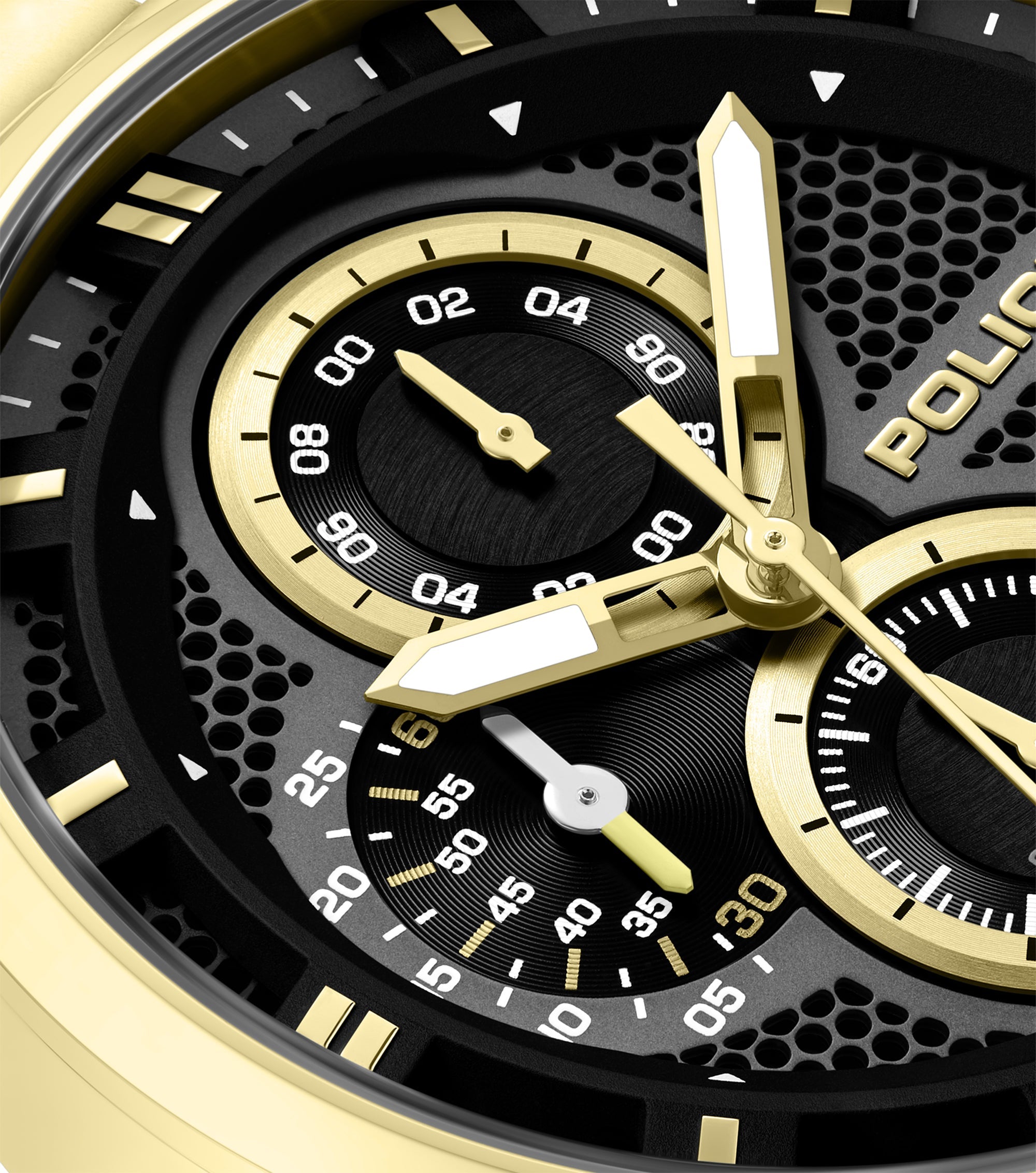 Gold-toned watch with a black textured dial, three sub-dials with gold-toned rings, gold-toned hands with white inserts, and