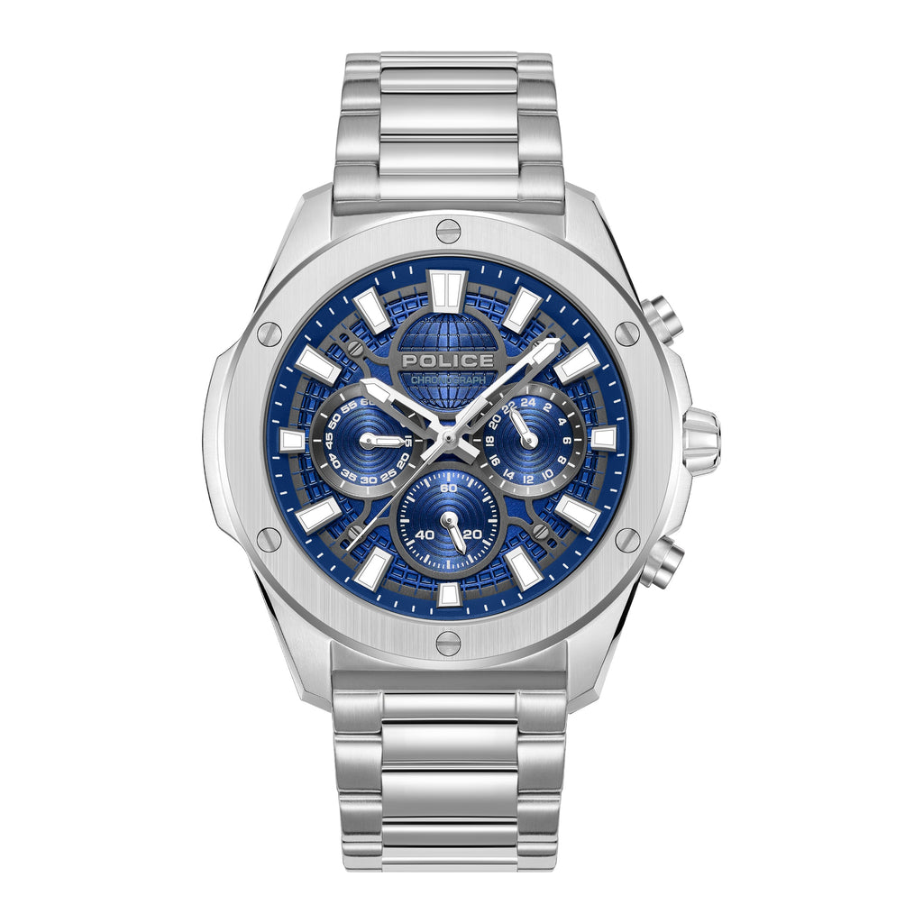 Police men's chronograph watch with a silver-toned stainless steel case and bracelet, and a blue textured dial.