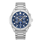 Police men's chronograph watch with a silver-toned stainless steel case and bracelet, and a blue textured dial.