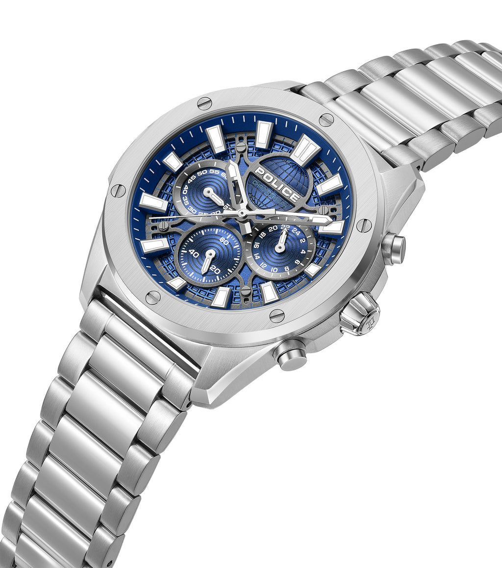 Silver-toned watch with an angular case, blue textured dial with three sub-dials, white hour markers, and a silver-toned meta