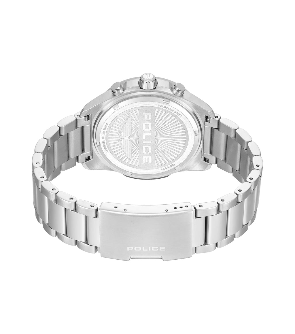 Silver-toned stainless steel watch with a metal link bracelet. The case back and clasp are engraved with 'POLICE'.