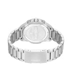 Silver-toned stainless steel watch with a metal link bracelet. The case back and clasp are engraved with 'POLICE'.