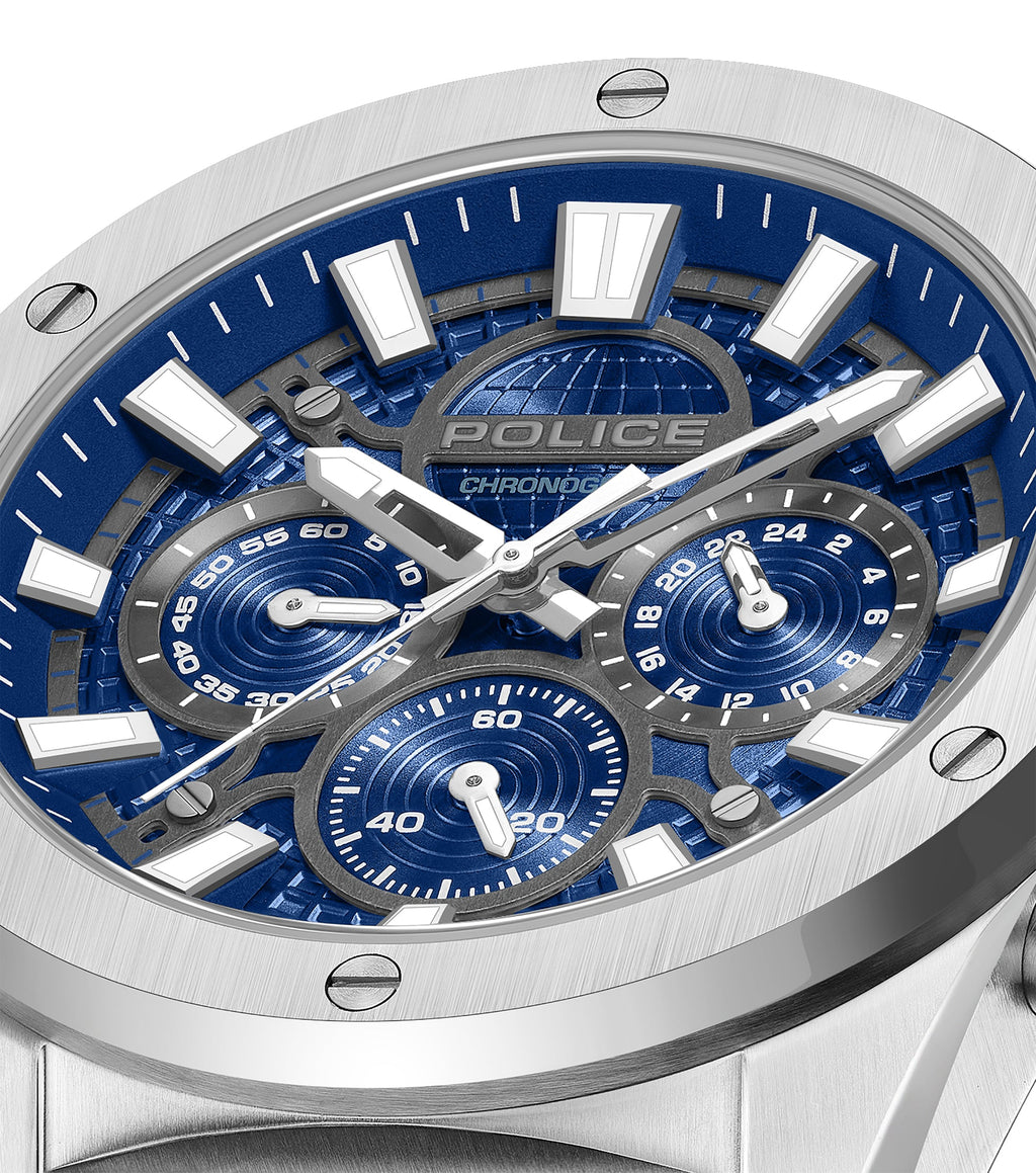 Brushed stainless steel chronograph watch with a blue textured dial, silver-toned markers, hands, and three blue sub-dials. B