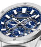 Brushed stainless steel chronograph watch with a blue textured dial, silver-toned markers, hands, and three blue sub-dials. B