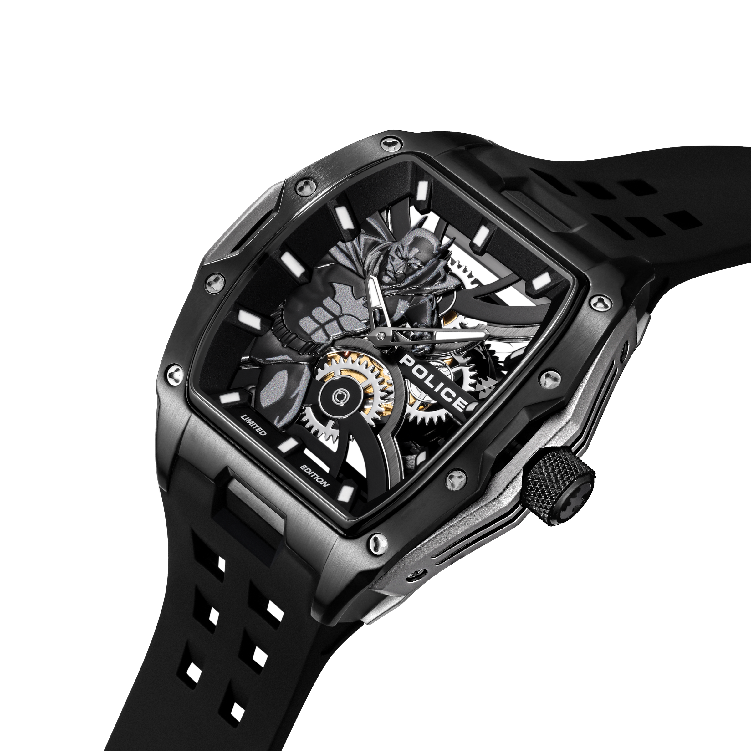 Police Batman Limited Edition Men’s Black Skeleton Dial Silicone Watch