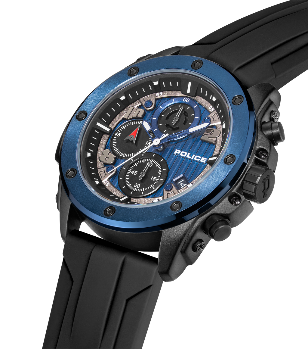 Police Black & Blue Case Watch with Black & Blue Dial and Silicone Strap Set