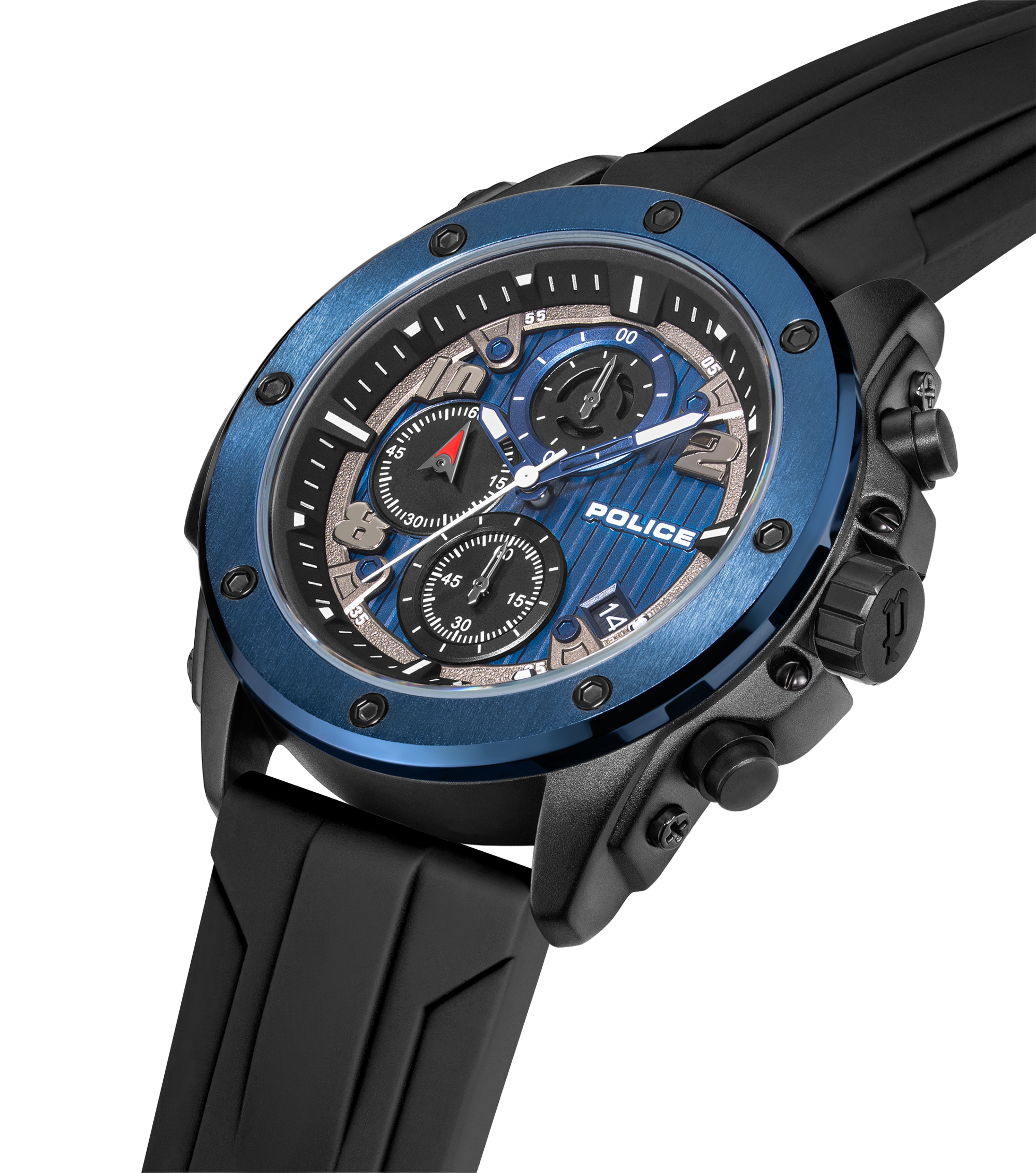Police Black & Blue Case Watch with Black & Blue Dial and Silicone Strap Set