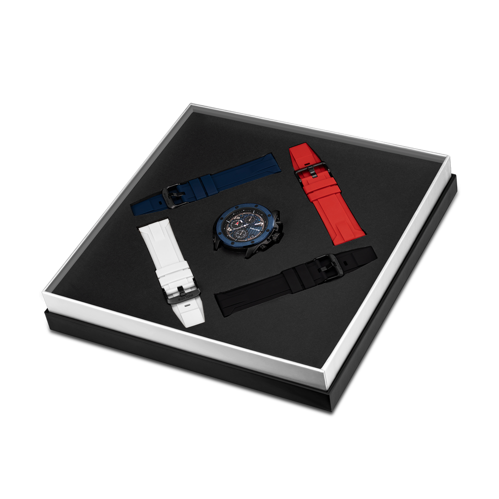 Police Black & Blue Case Watch with Black & Blue Dial and Silicone Strap Set