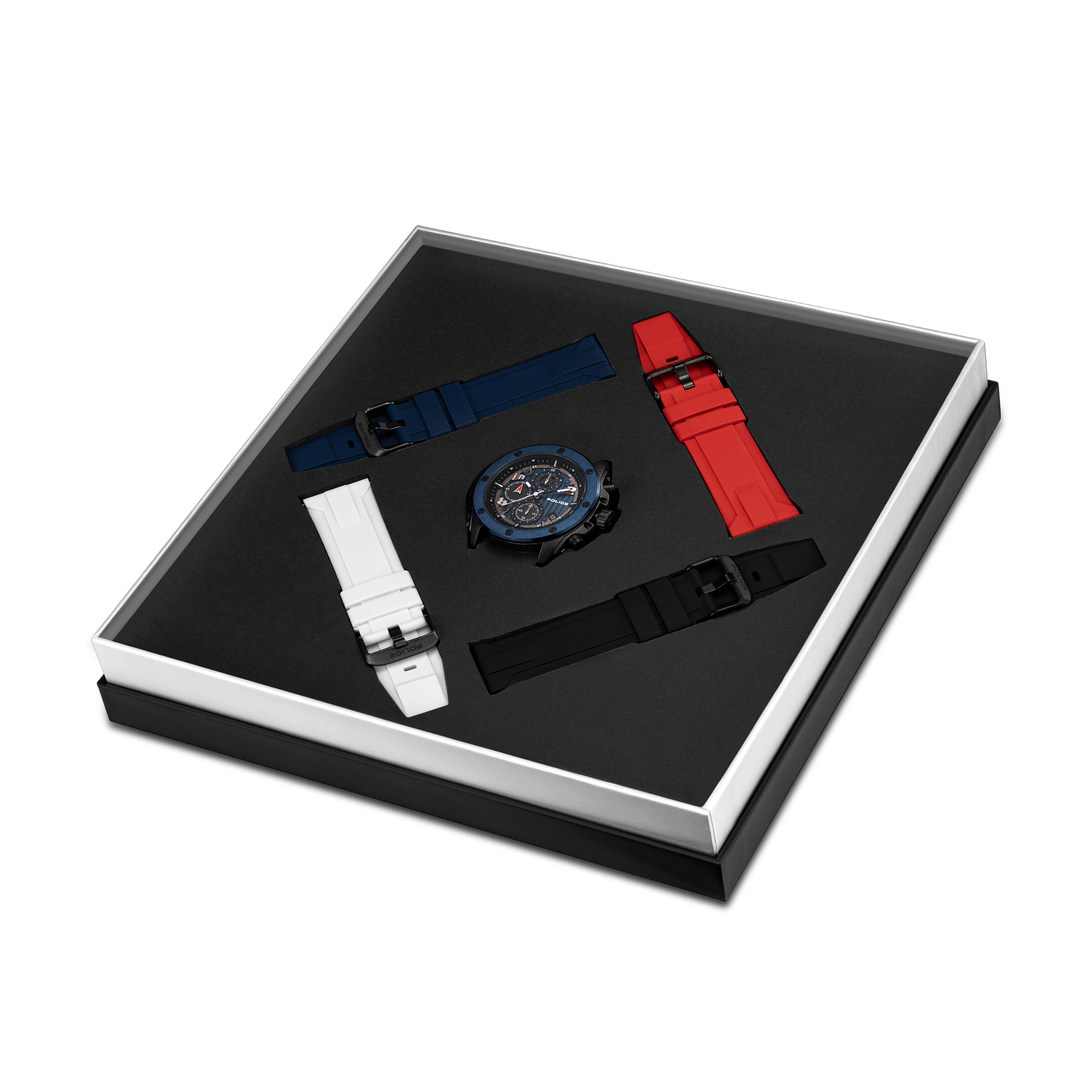 Police Black & Blue Case Watch with Black & Blue Dial and Silicone Strap Set