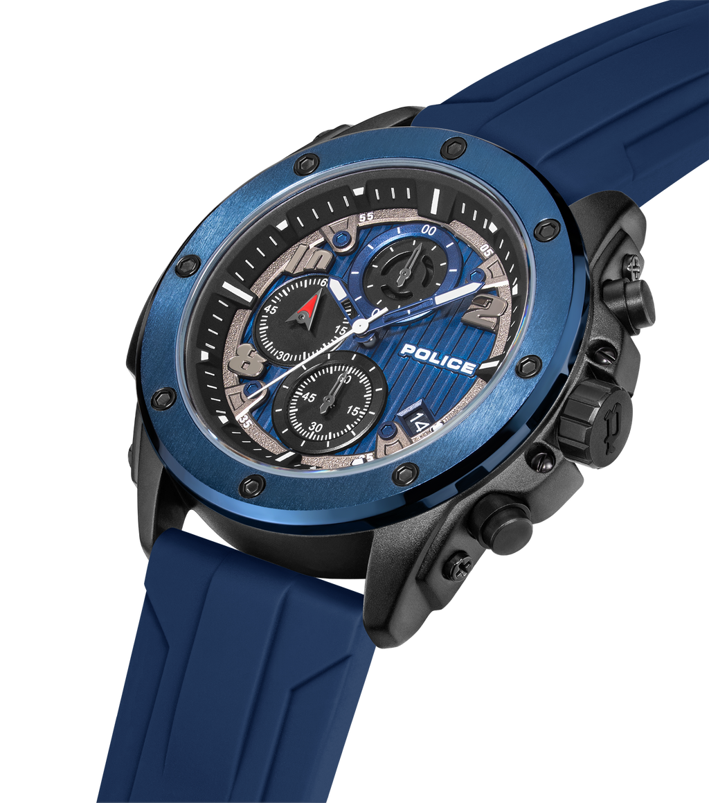 Police Black & Blue Case Watch with Black & Blue Dial and Silicone Strap Set