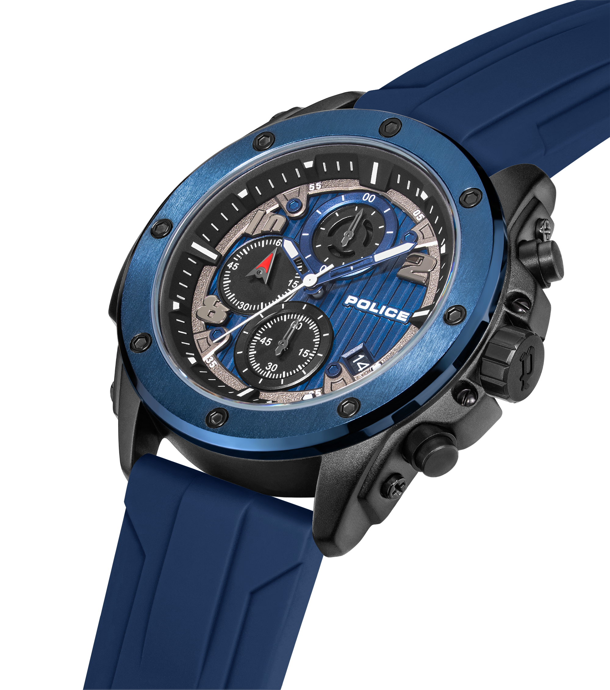 Police Black & Blue Case Watch with Black & Blue Dial and Silicone Strap Set
