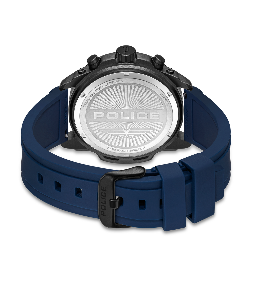 Police Black & Blue Case Watch with Black & Blue Dial and Silicone Strap Set