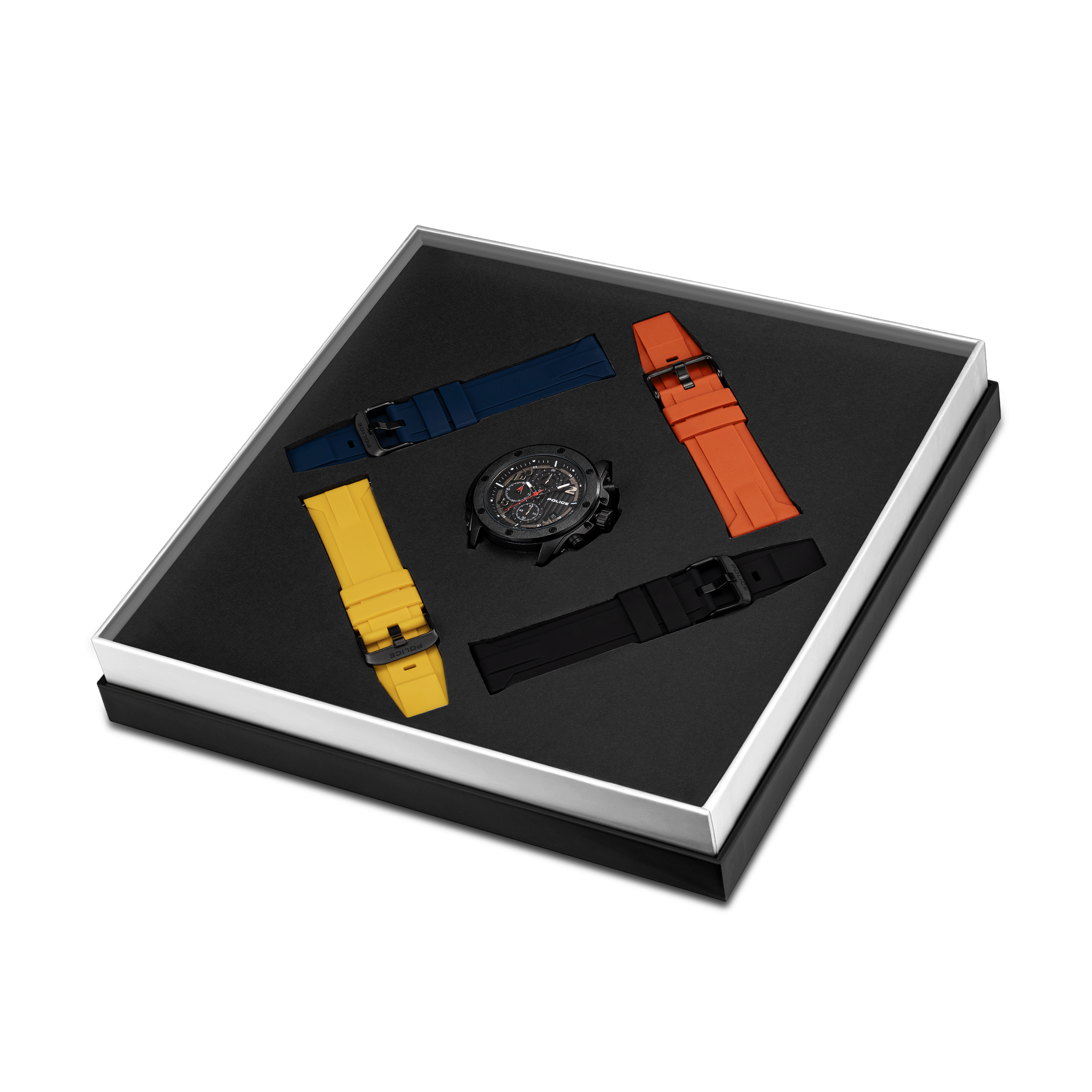 Police Gunmetal & Black Case Watch with Black Dial and Silicone Strap Set