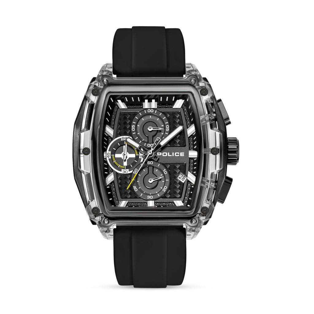 Rectangular watch with clear TR90 case, black textured dial, three subdials, date window, and black silicone strap.