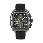 Rectangular watch with clear TR90 case, black textured dial, three subdials, date window, and black silicone strap.