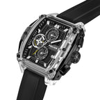 Rectangular watch with clear plastic case, black textured dial, white markers, white hands, yellow second hand, and black sil