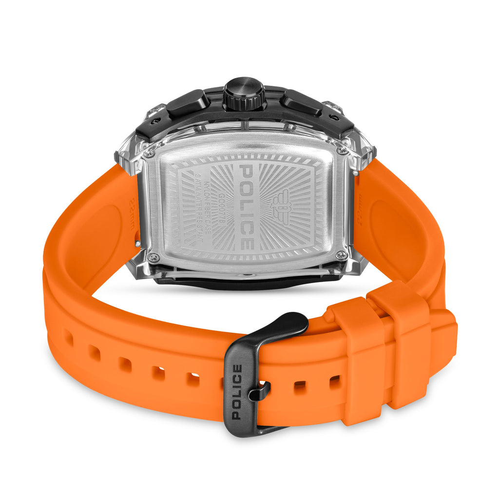 Rectangular watch with a black case, silver-toned engraved back, and an orange silicone strap with a black-toned buckle.
