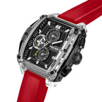 Clear TR90 rectangular watch with black inner frame, black textured dial, white markers, three black subdials, and a red sili