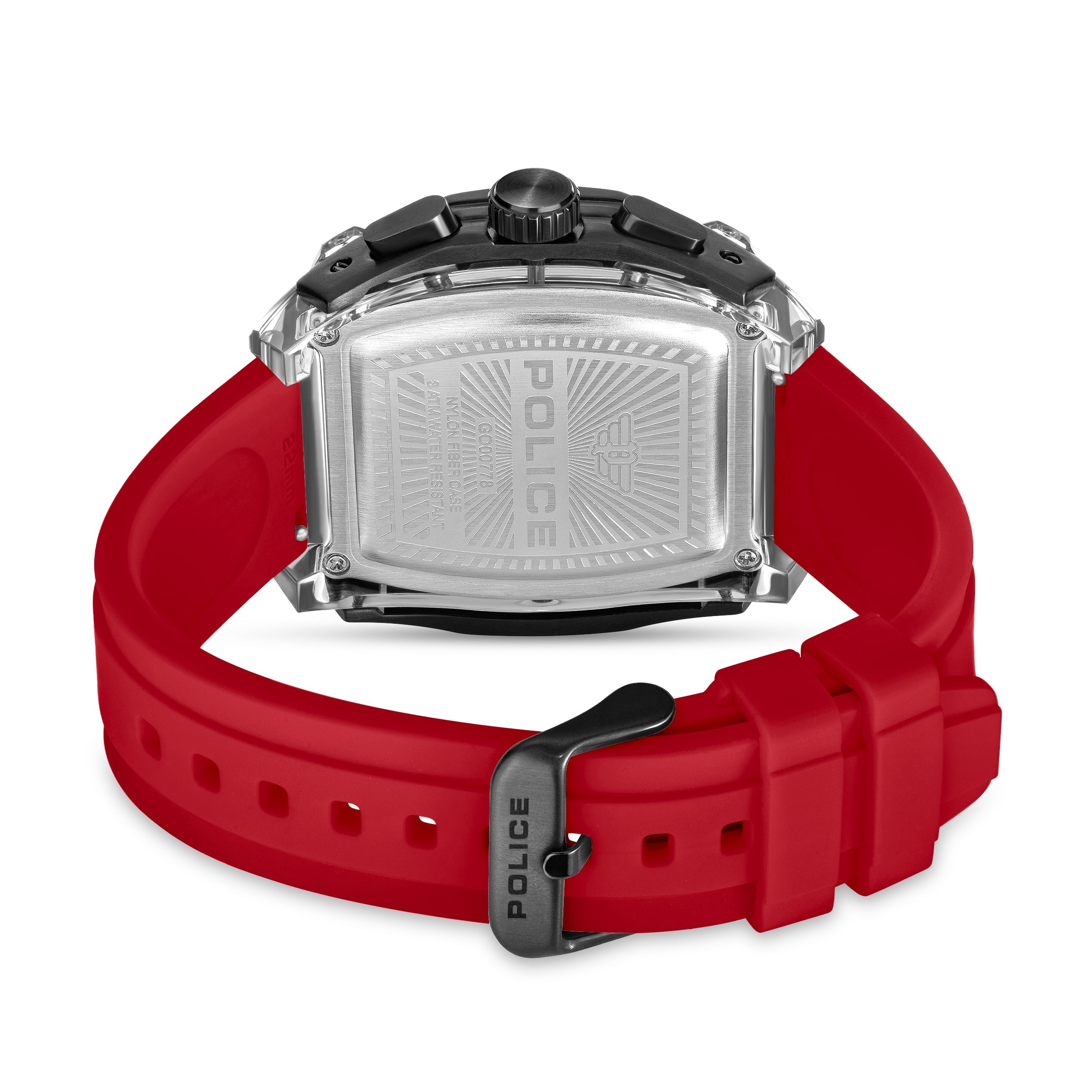 Rectangular watch with a black case, silver-toned engraved metal back, and a red silicone strap with a black buckle.