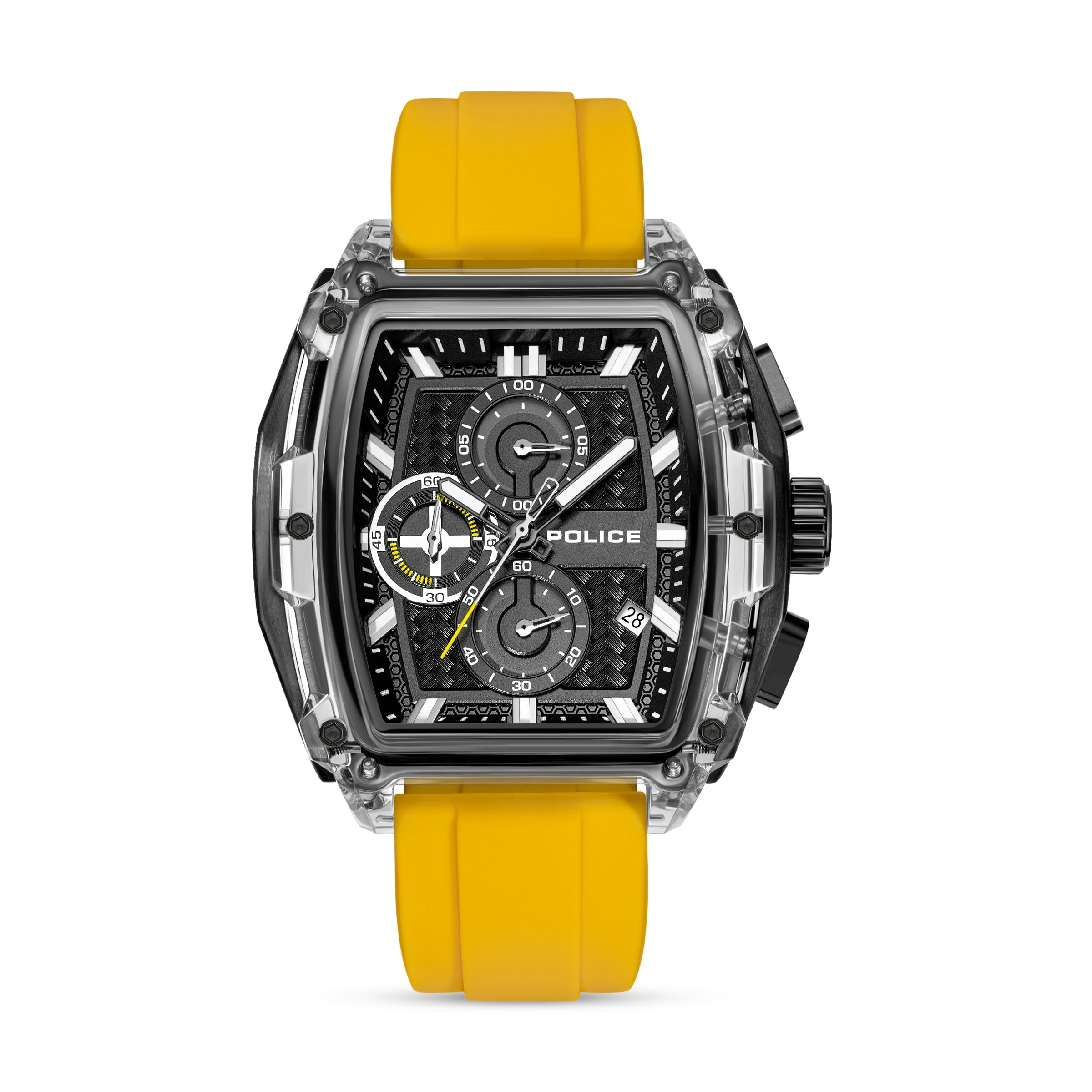 Rectangular transparent watch with black accents, black textured dial, three sub-dials, and a bright yellow silicone strap.