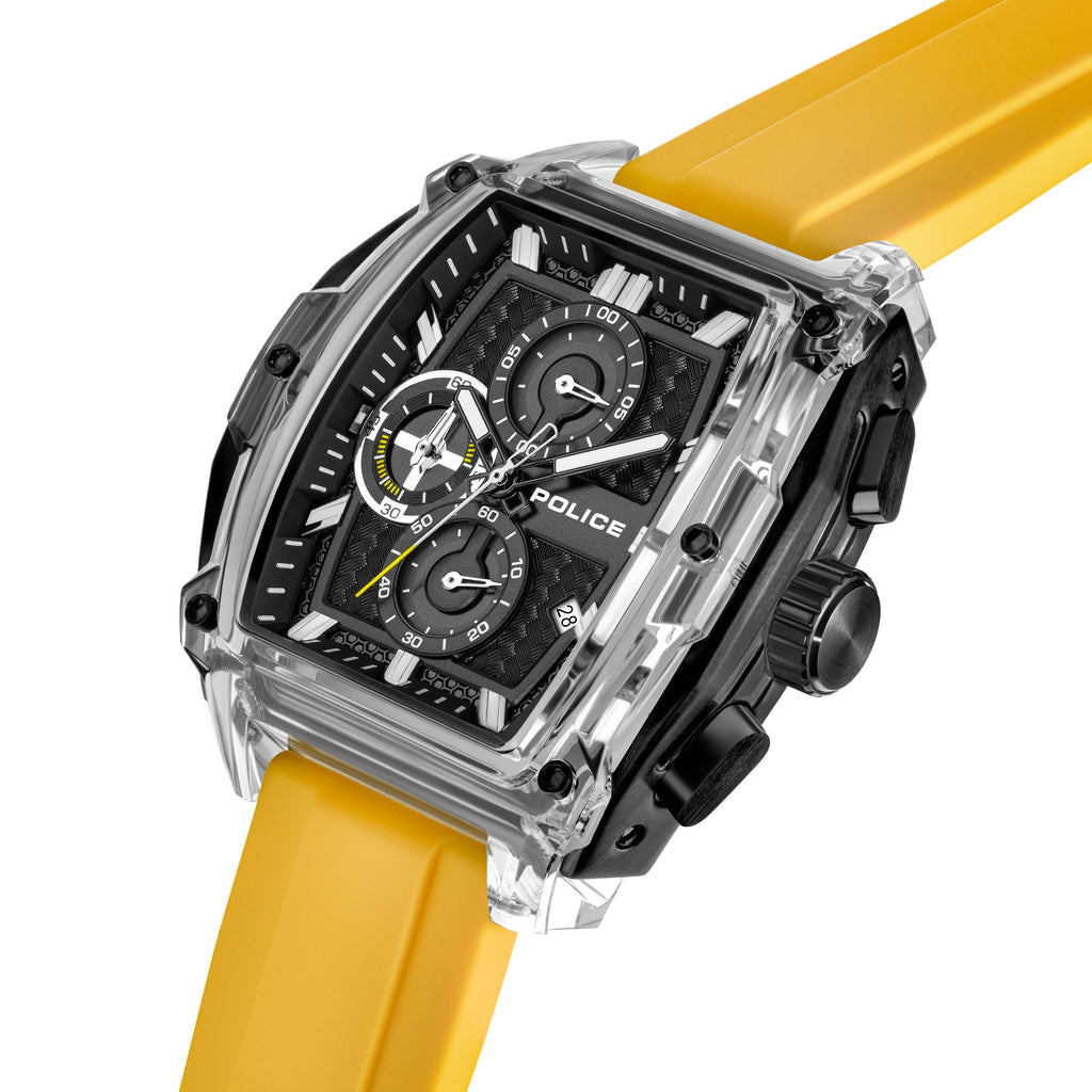 Rectangular watch with a clear and black case, black textured chronograph dial with white markers, yellow accents, and a yell