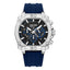 Police men's watch with a silver-toned stainless steel case, black and blue dial, and a dark blue silicone strap.