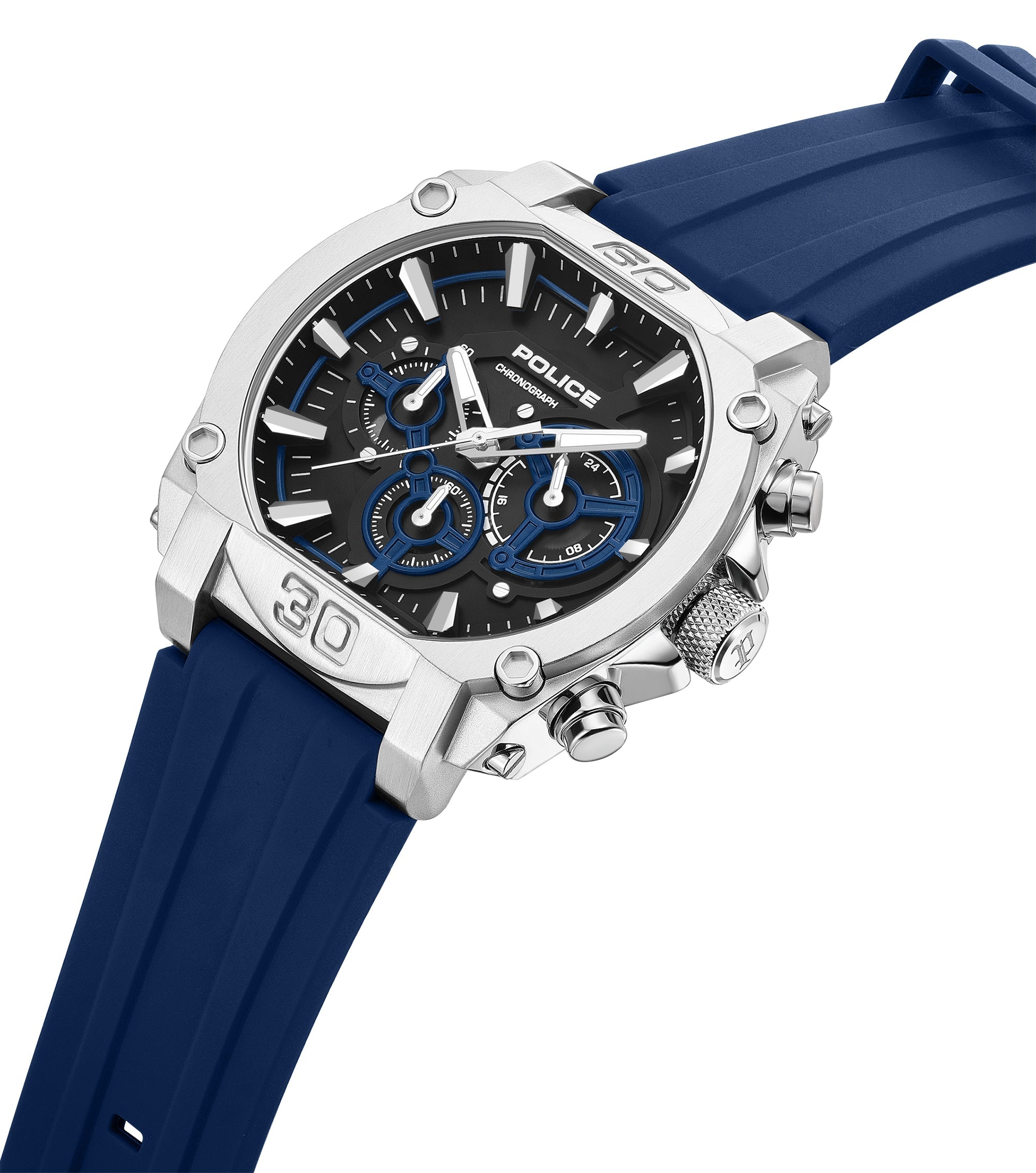 Silver-toned angular watch with black dial, blue subdials, and blue silicone strap. Features a textured crown and pushers.