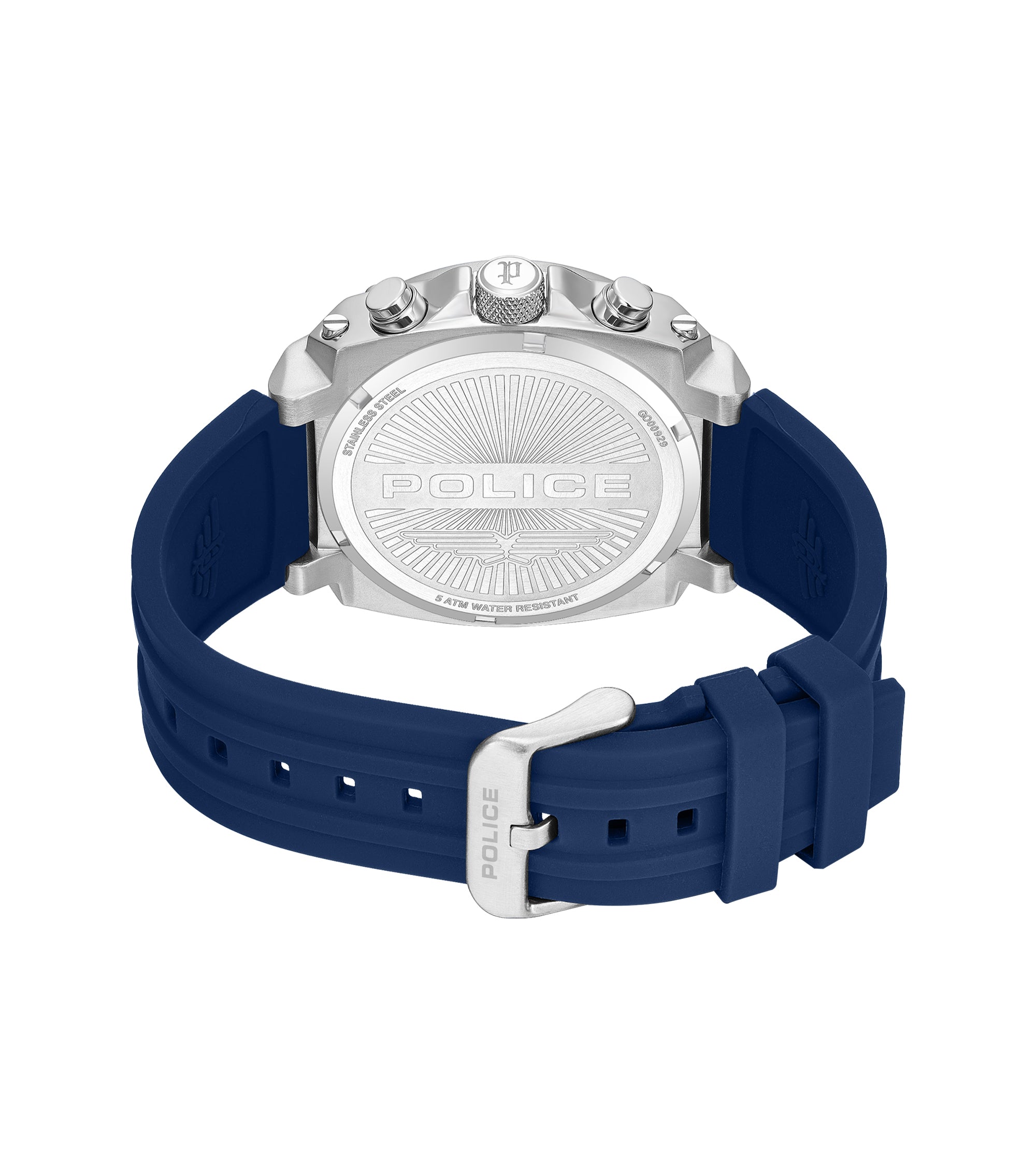 Back of a watch with a silver-toned stainless steel case, engraved 'POLICE' logo, and a dark blue silicone strap with a silve