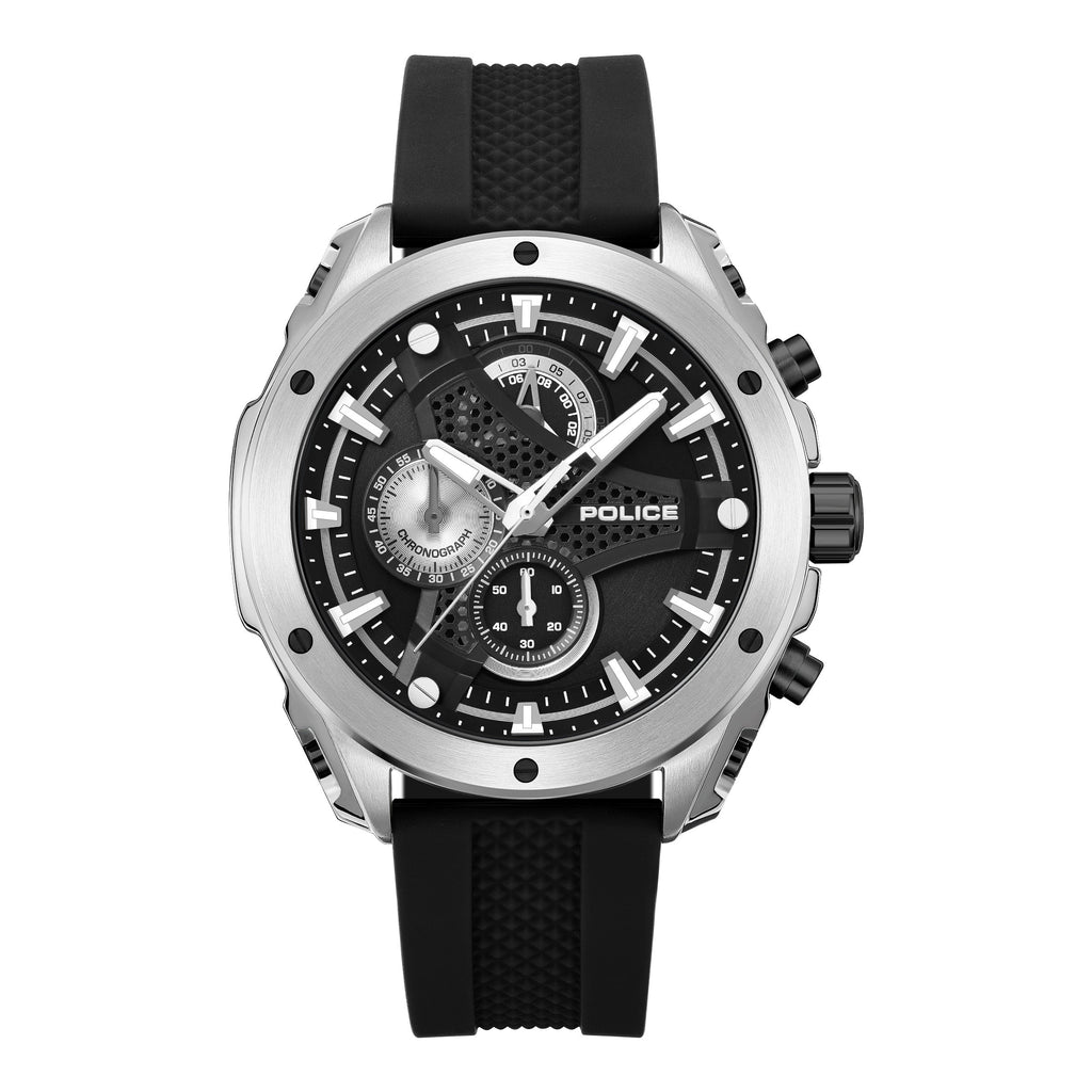 Police men's watch with a silver-toned stainless steel case, black dial, and black textured silicone strap.
