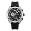 Police men's watch with a silver-toned stainless steel case, black dial, and black textured silicone strap.