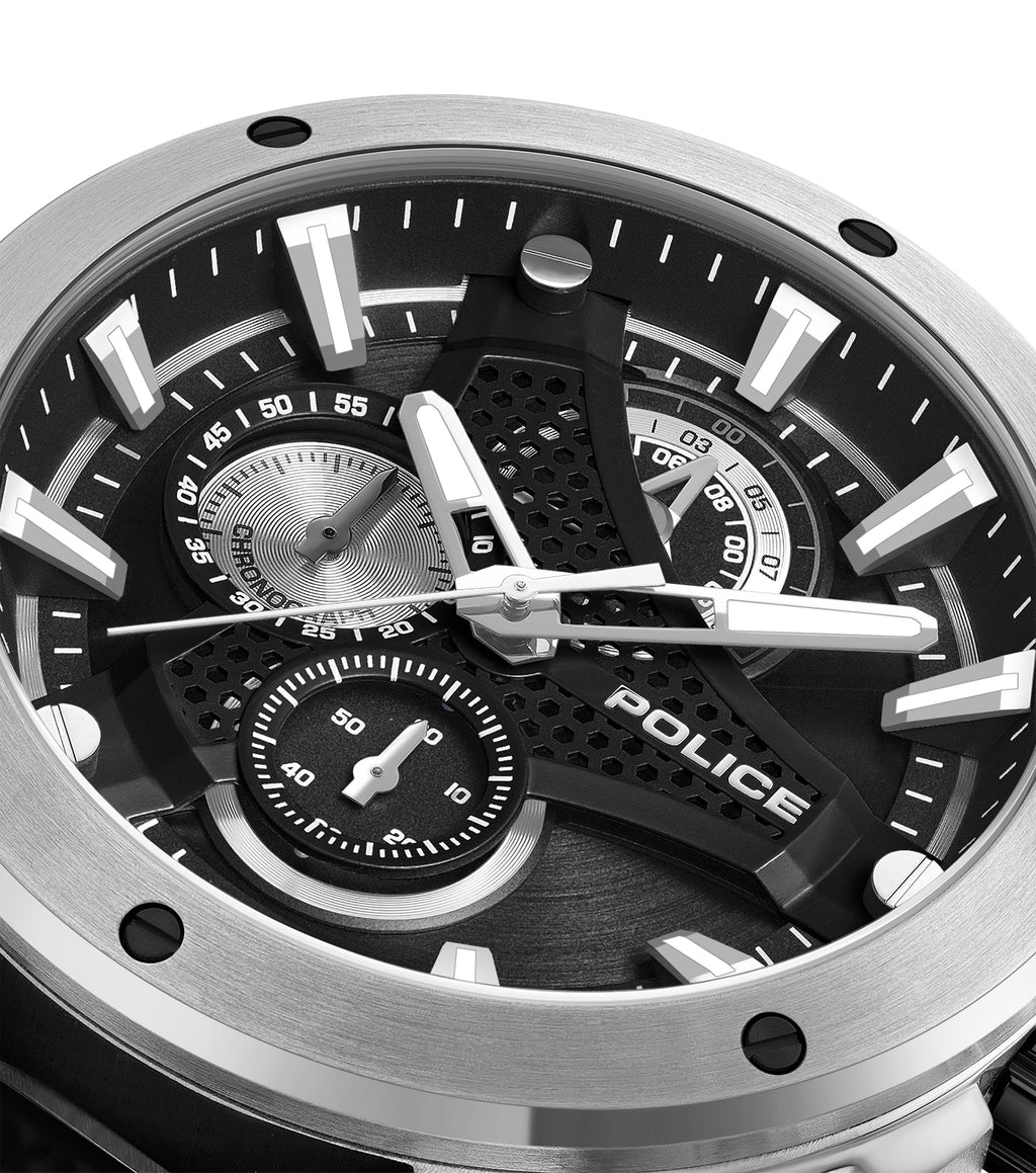 Silver-toned case, black textured dial, white rectangular markers, silver-toned hands, three sub-dials, 'POLICE' logo. Black