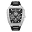 Police men's watch with a silver-toned rectangular stainless steel case, black dial, and black silicon strap.