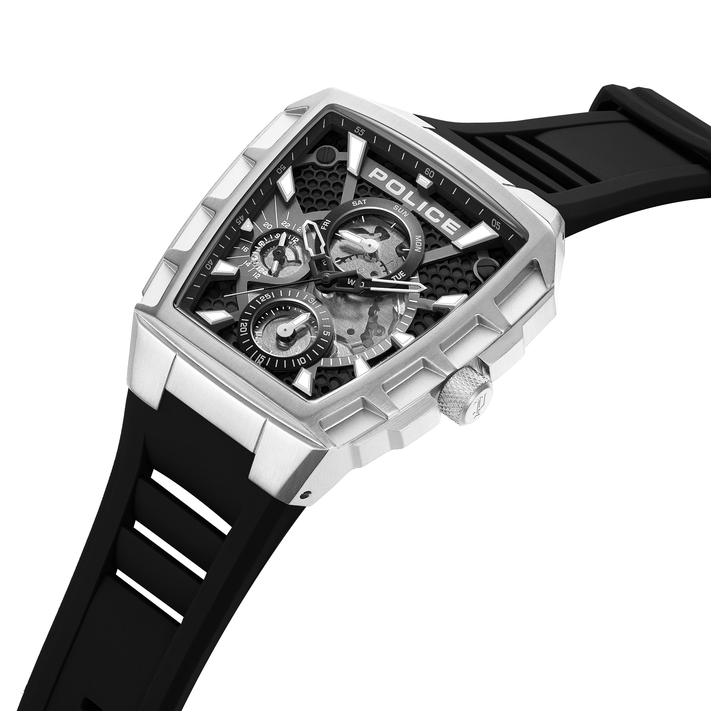 Silver-toned angular watch with a black multi-layered dial, visible gears, white markers, three sub-dials, and a black silico