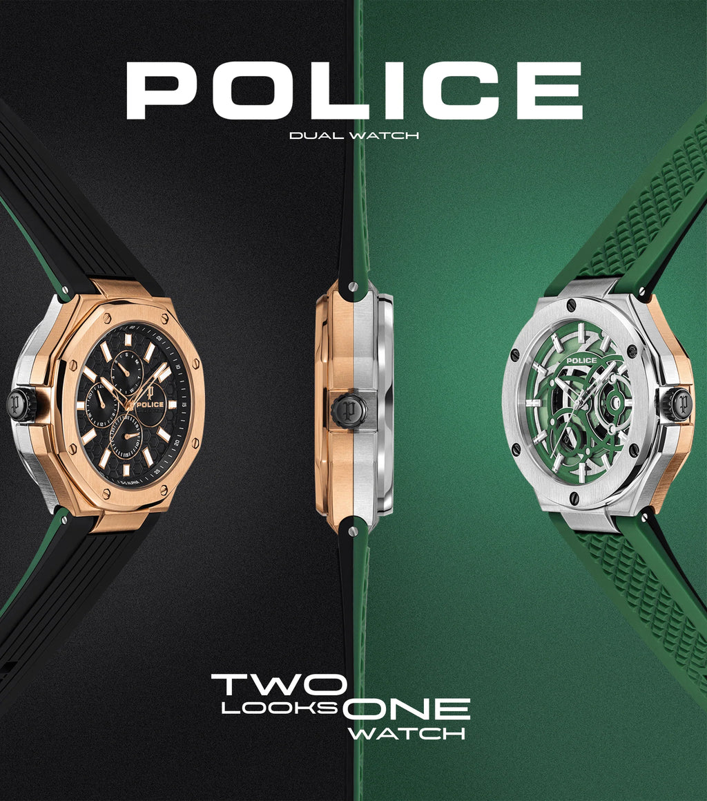 Police Dual Men's Silver & Rose Gold Case Black & Green Silicone Strap Watch