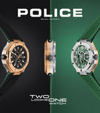 Police Dual Men's Silver & Rose Gold Case Black & Green Silicone Strap Watch