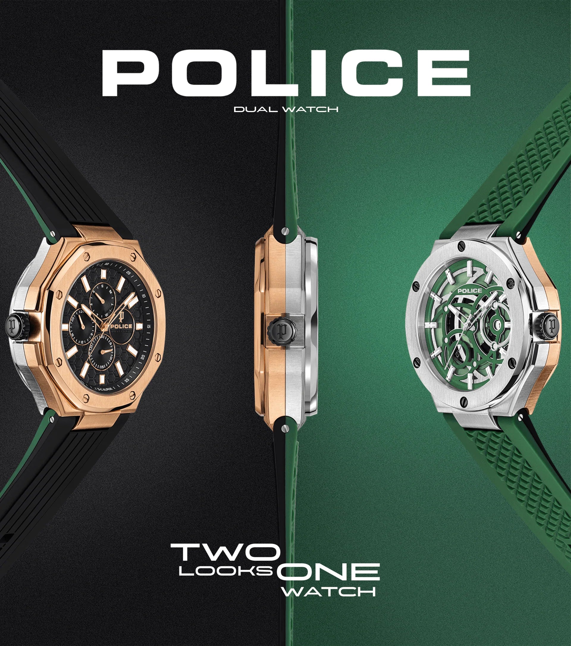 Police Dual Men's Silver & Rose Gold Case Black & Green Silicone Strap Watch