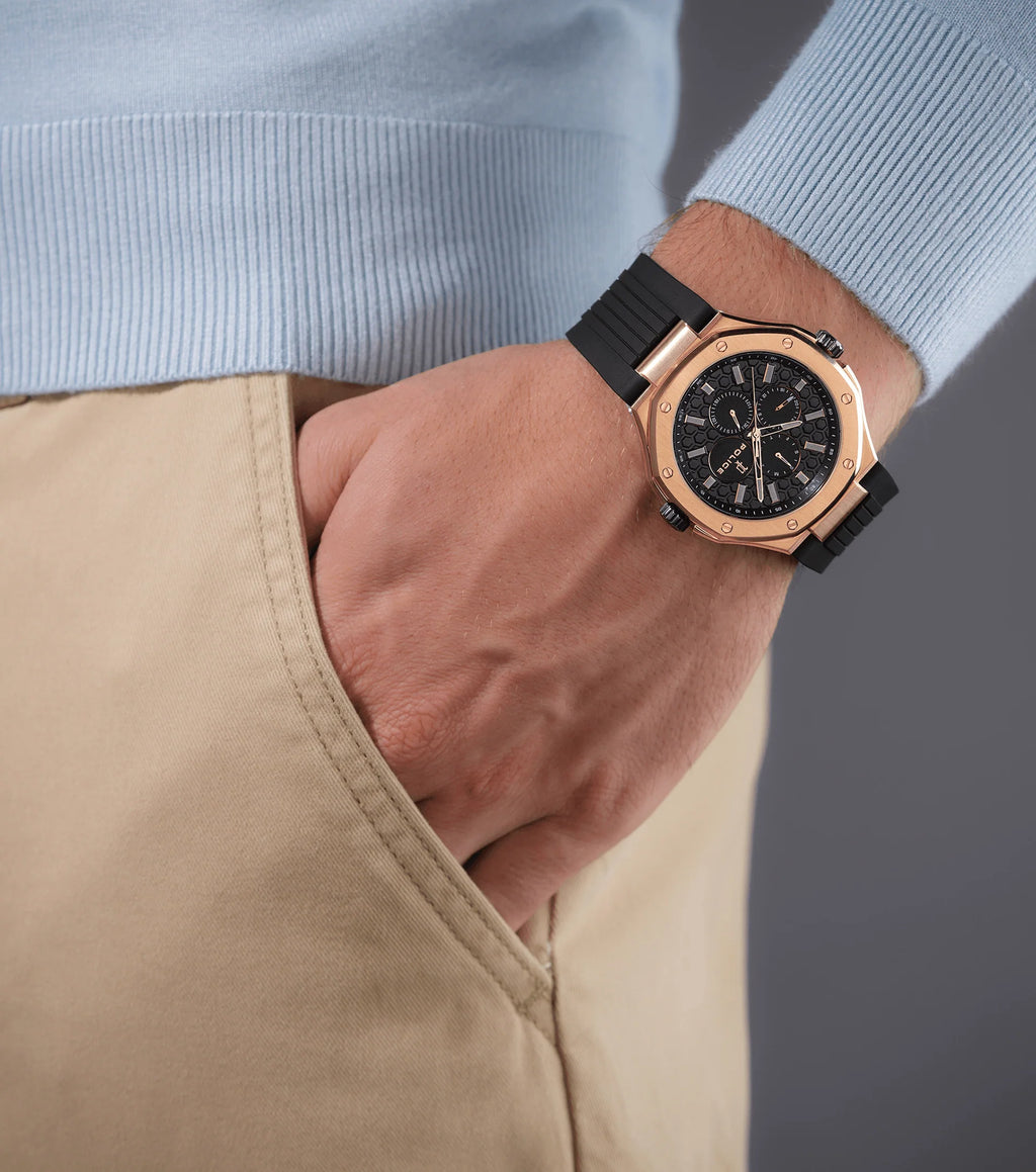 Police Dual Men's Silver & Rose Gold Case Black & Green Silicone Strap Watch