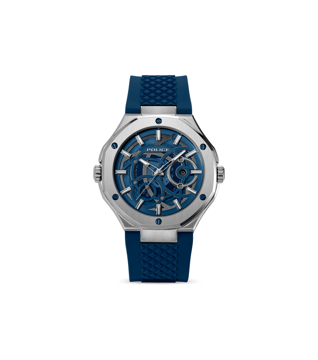 Police Dual Men's IP Black & Silver Case Black & Blue Silicone Strap Watch