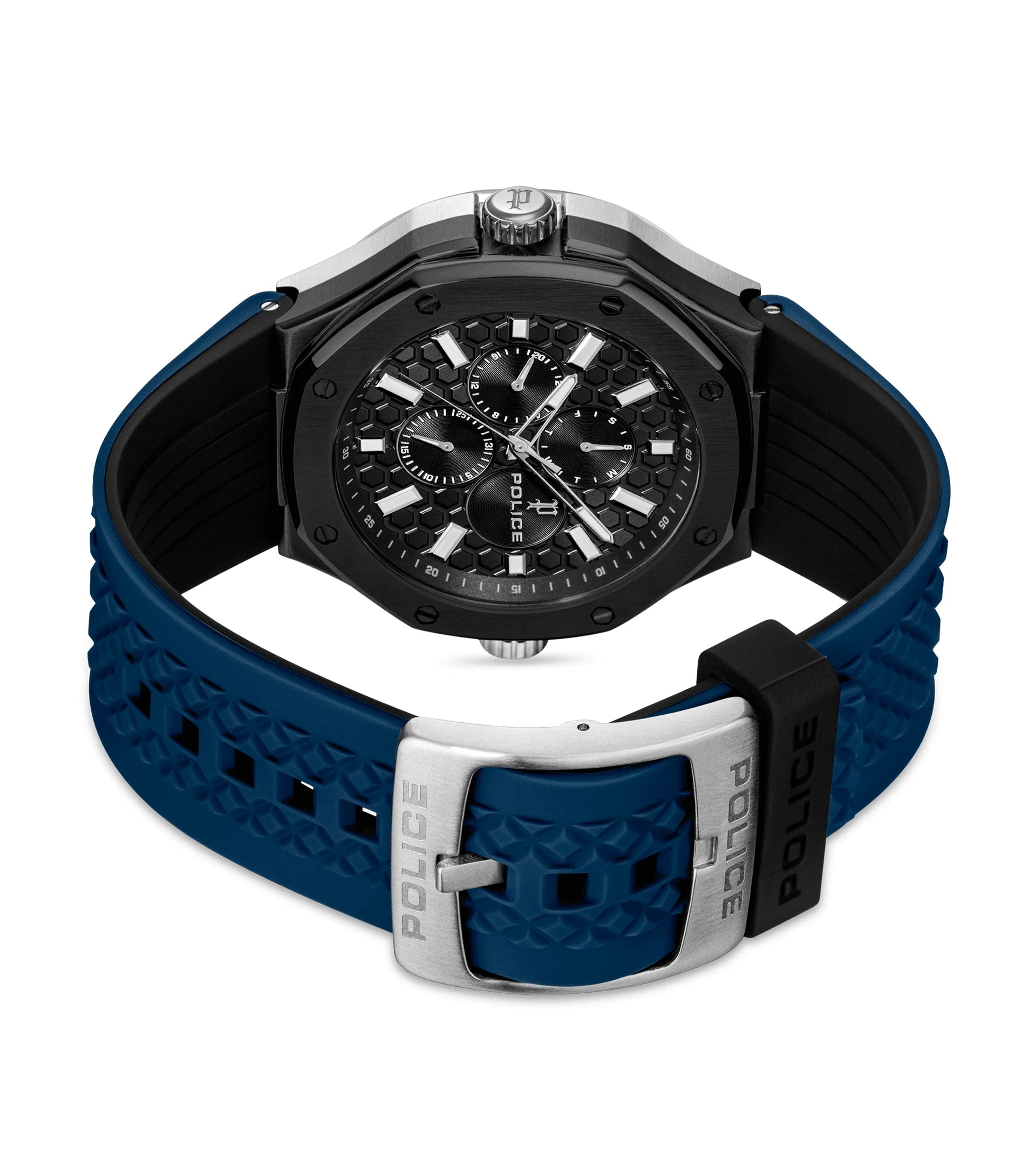Police Dual Men's IP Black & Silver Case Black & Blue Silicone Strap Watch