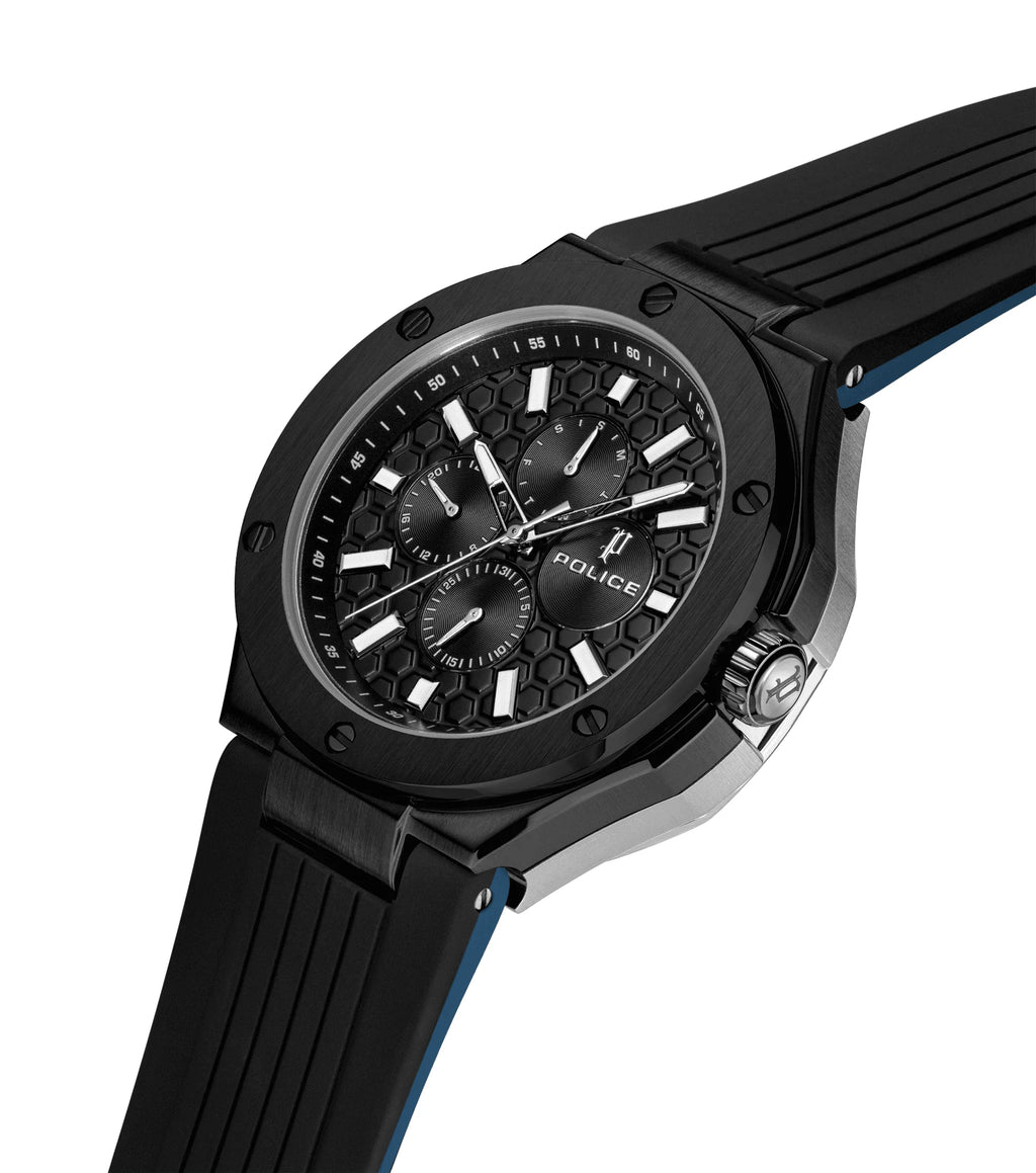 Police Dual Men's IP Black & Silver Case Black & Blue Silicone Strap Watch