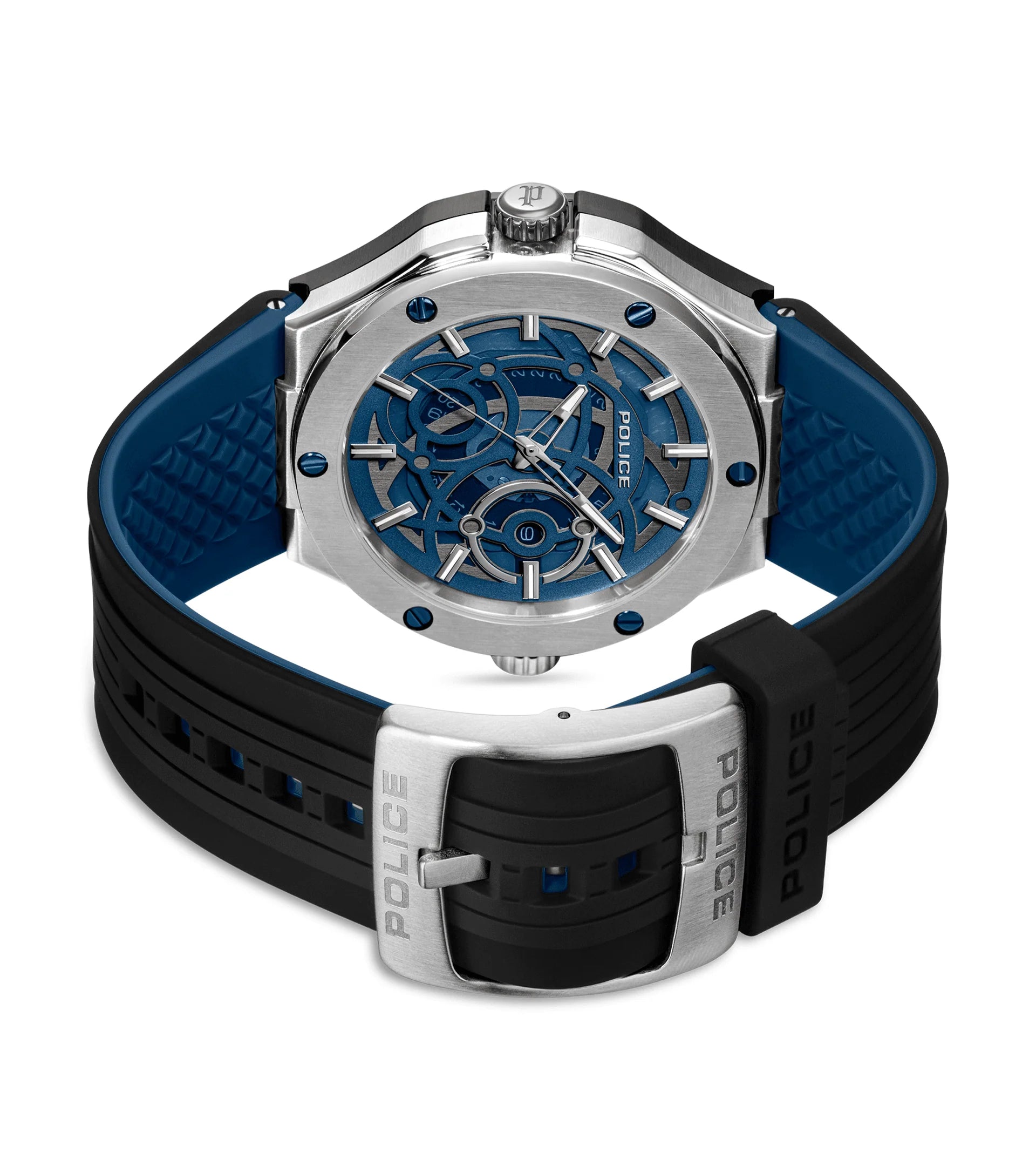 Police Dual Men's IP Black & Silver Case Black & Blue Silicone Strap Watch