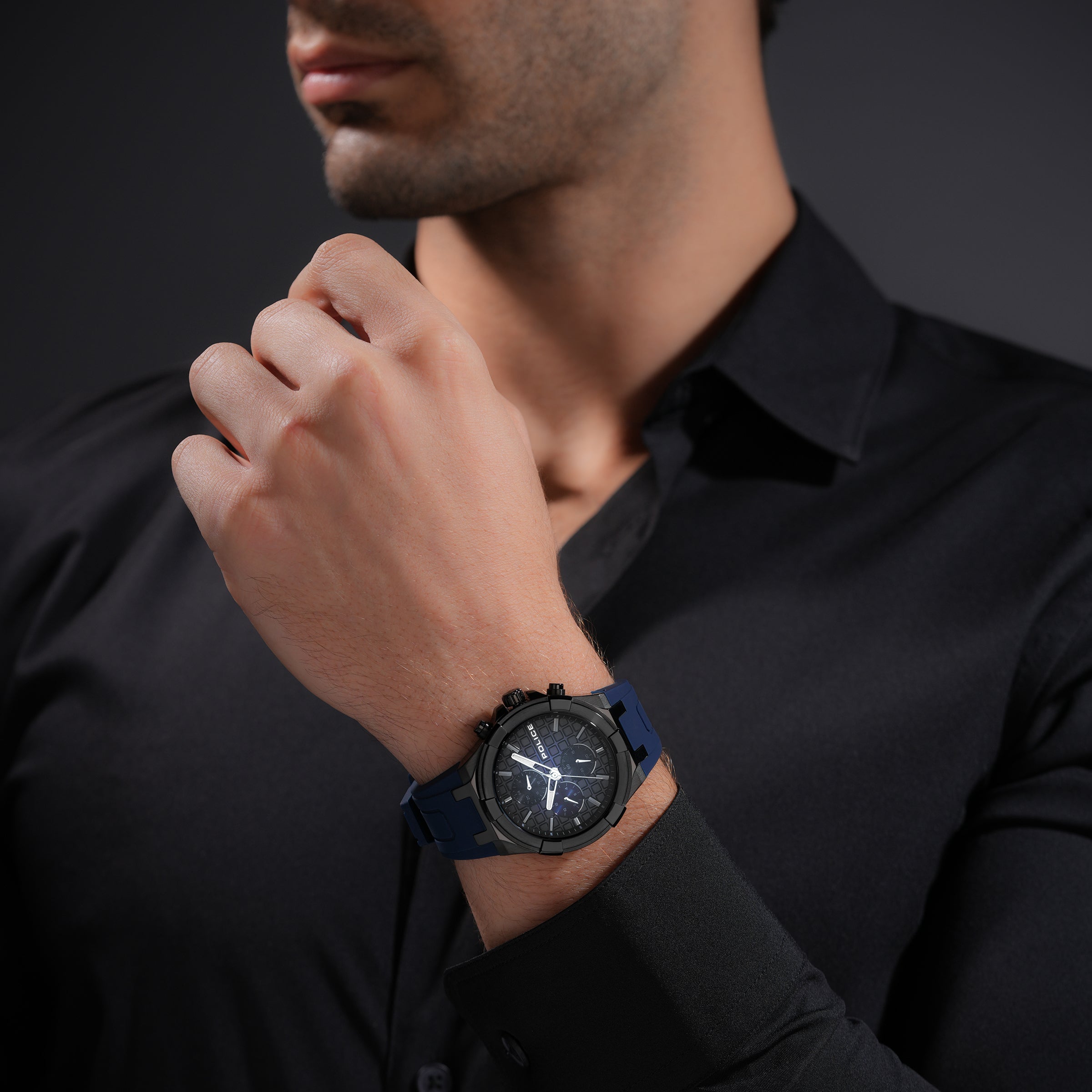 Police Case, Black To Blue Dial, Blue Silicon watch