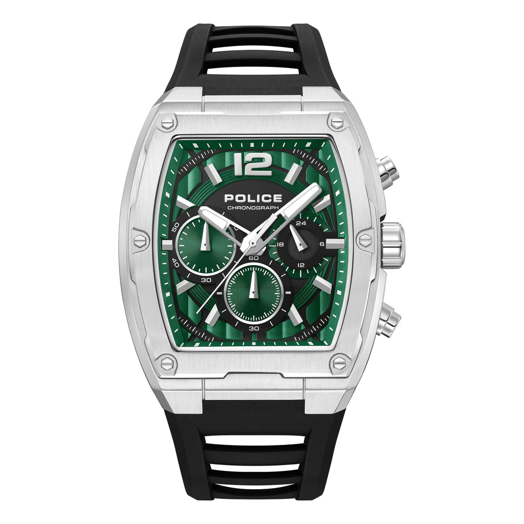 Police men's chronograph watch with a silver-toned stainless steel tonneau case, green textured dial, and black silicone stra